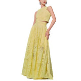 MQTIME  -  Women 2Pcs Outfits Set Sleeveless Lace Trim O Neck Eyelet Hollow Out Crop Tank Top+High Waist A-line Long Flowy Skirt