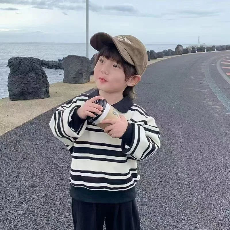 MQTIME  -  Kids Striped Sweatshirt New Autumn Spring Boys Long Sleeve Pullover Baby Cotton Lapel Polo Tops Children Clothes 1-6 Years