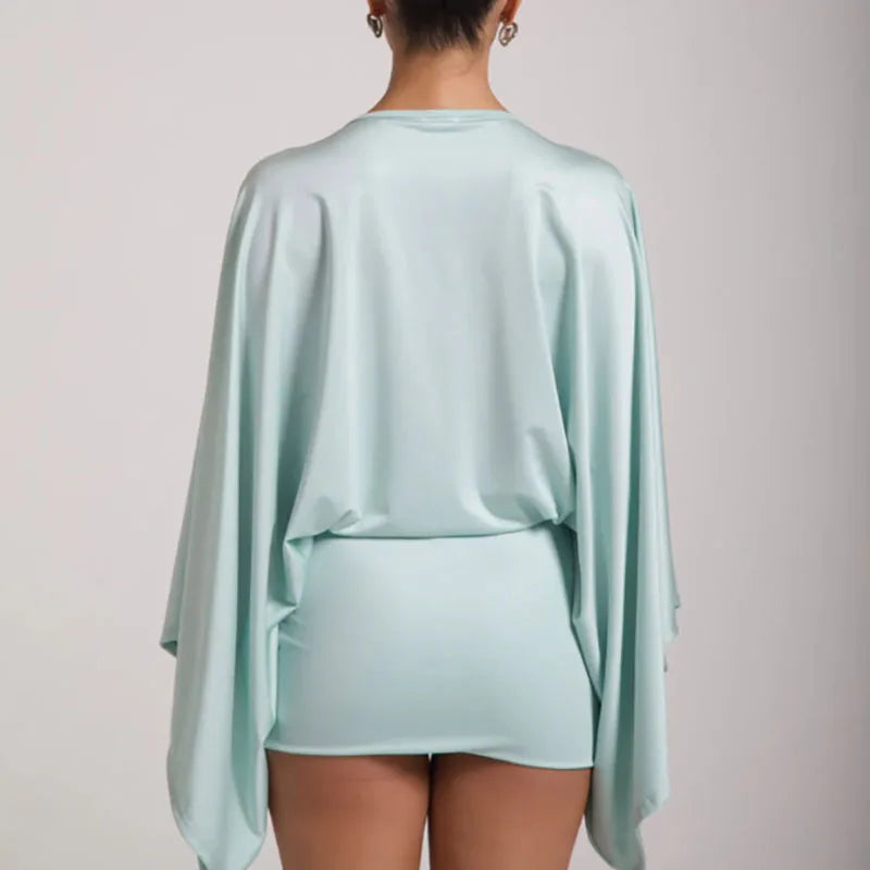 MQTIME  -   Sexy Deep V-neck Hollow Slim Hip Dresses Woman Spring Solid Elegant Commute Lady Dress Autumn Long Sleeve Satin Mini Dress Mujer