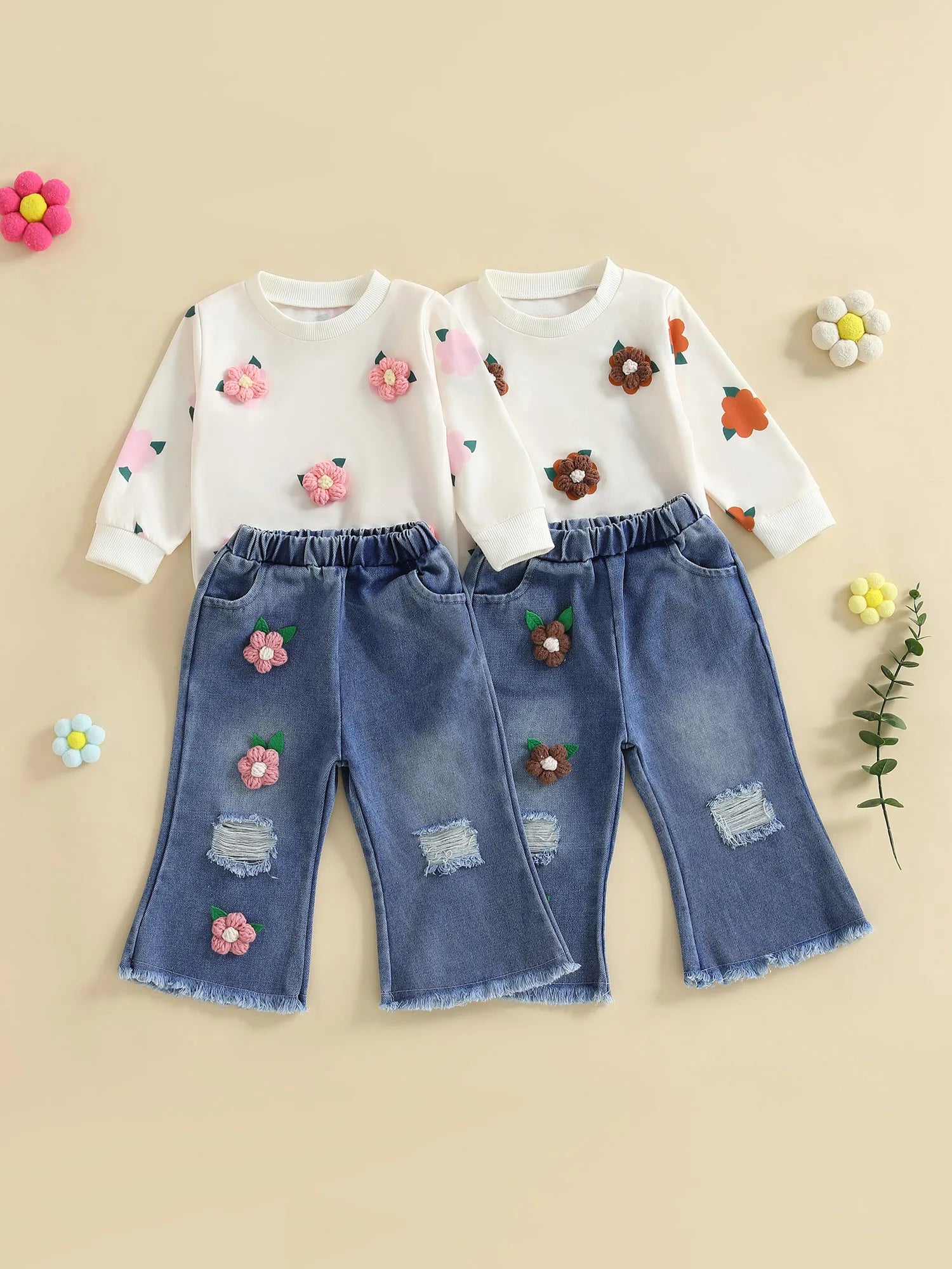 MQTIME  -  Girls Autumn Fashion Floral Print Hoodie and Distressed Denim Flare Pants Set for Toddlers