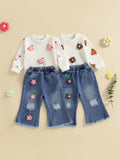 MQTIME  -  Girls Autumn Fashion Floral Print Hoodie and Distressed Denim Flare Pants Set for Toddlers