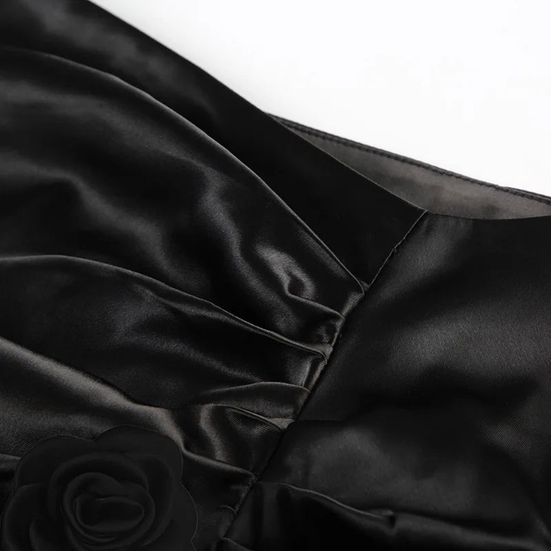 MQTIME  -  Sexy Black Lace Patchwork Maxi Skirts for Women Summer Party High Split Slim Fashion Empire Waist Dress with 3D Flower