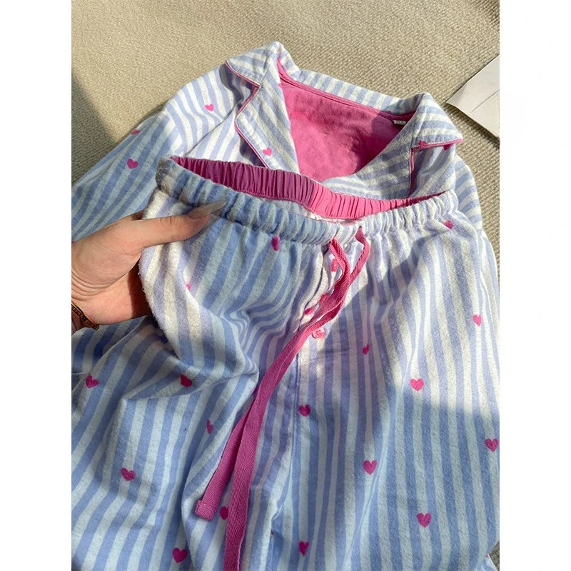MQTIME  -  Ins Korean Version of Sweet Love Printing Striped Pajamas Women's Spring and Autumn New Long-sleeved Trousers Loungewear Set