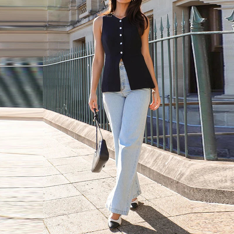 MQTIME  -  Summer Solid Color Sleeveless Vest Office Lady Single Breasted O Neck Open Front Short Tops Leisure Simple Women Pocket Tank Top