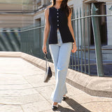 MQTIME  -  Summer Solid Color Sleeveless Vest Office Lady Single Breasted O Neck Open Front Short Tops Leisure Simple Women Pocket Tank Top