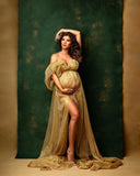 MQTIME  -  Shining Gold Tulle Maternity Gown for Photoshoot Off Shoulder Sweetheart Pregnancy Robes for Baby Shower Photography Gown