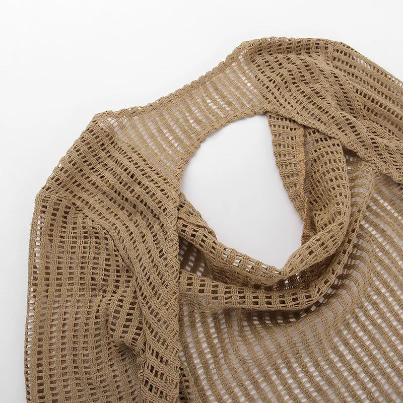 MQTIME  -  V Neck Backless Beach Mini Dress For Women Knitted Fishnet See Through  Long Sleeve Club Sexy Elastic Casual Party Vestidos