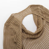 MQTIME  -  V Neck Backless Beach Mini Dress For Women Knitted Fishnet See Through  Long Sleeve Club Sexy Elastic Casual Party Vestidos