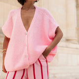 MQTIME  -  Women's Y2K Basic Loose Fit Short Sleeve Knitwear Cardigan Solid Color Button Down Deep V-Neck Lightweight Sweaters