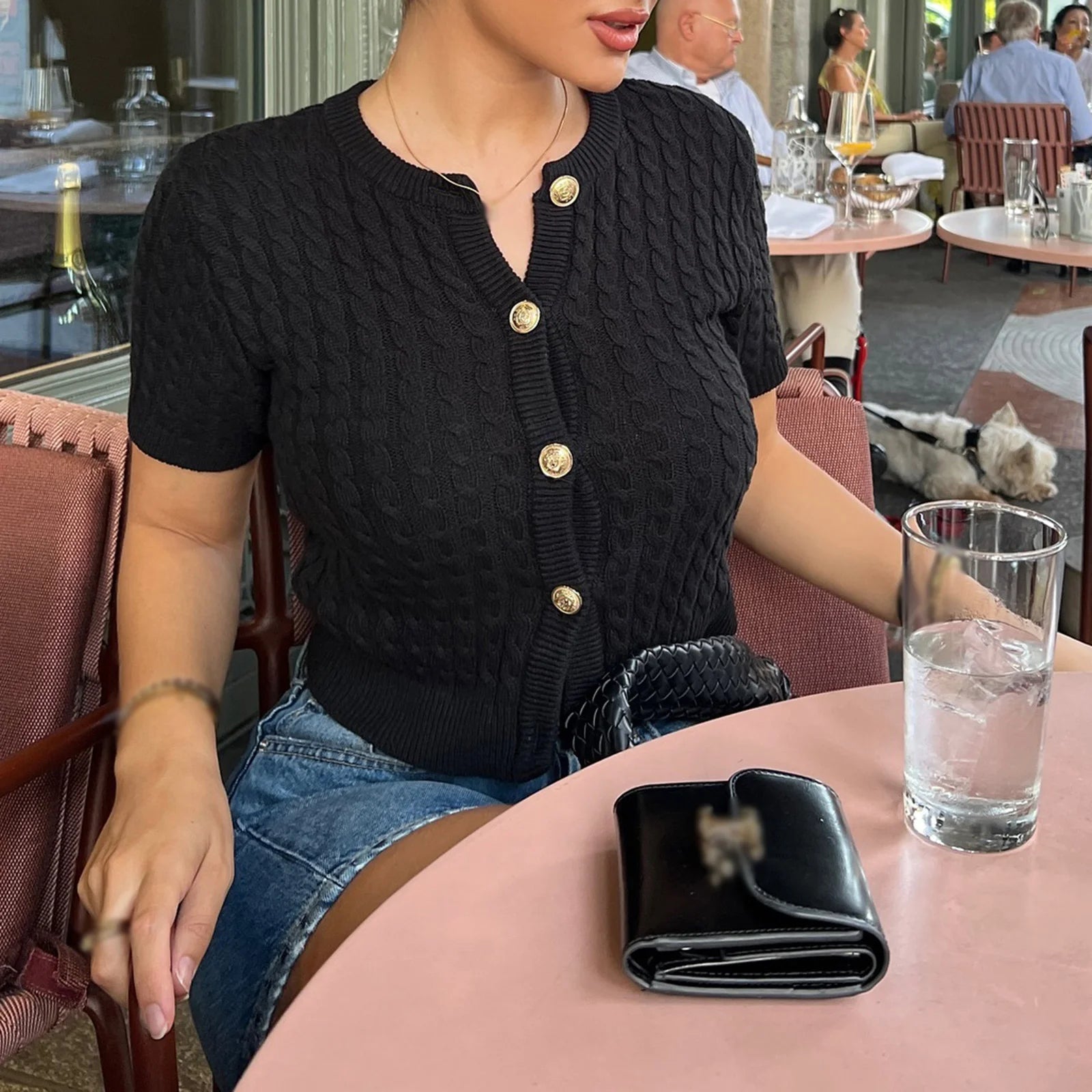 MQTIME  -  Women's Y2K Chic Cable Knitwear Cardigans Striped Short Sleeve Button-down Round Neck Cropped Slim Fit Sweater Tops