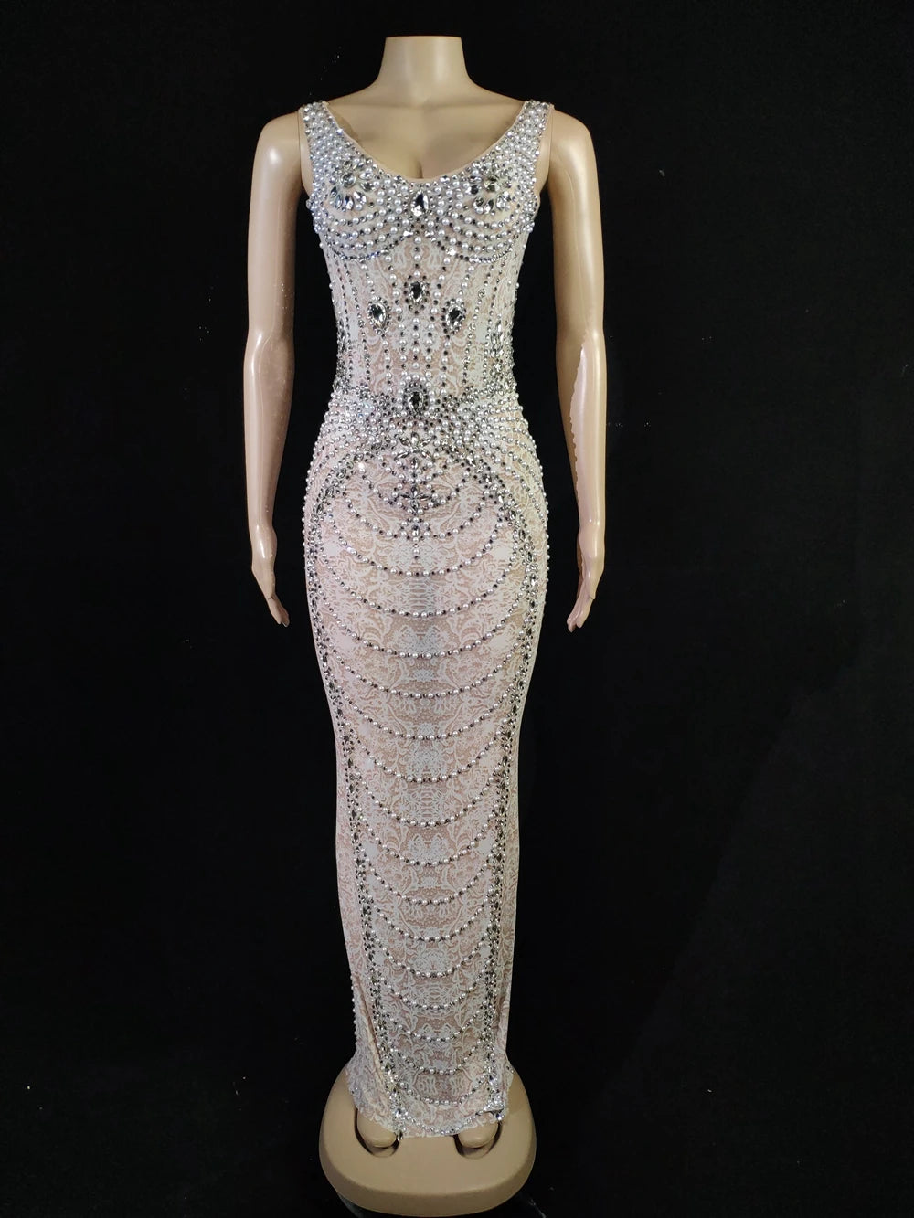 MQTIME  -   Women Celebrate Prom Birthday Dress Photography Outfit Sparkly Rhinestones Pearls See Through Long Dress Singer Sexy Show Wear