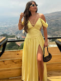 MQTIME  -   Elegant Women's Butter Yellow Maxi Dress Off-Shoulder  Plunge Ruched Waist Side Cutout High Side Slit Formal Evening Party Gown