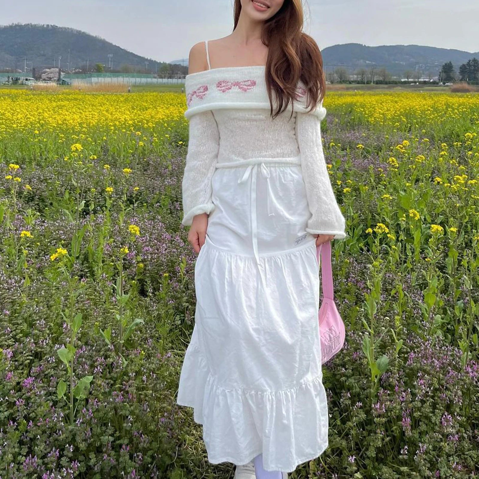 MQTIME  -  Women's Y2K Cute Off Shoulder Sweaters Chest Folding Slash Neck Flare Long Sleeve Slim Fit Knitted See-through Tops