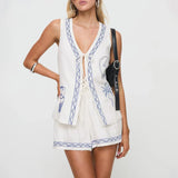 MQTIME  -  Women's Summer Y2K 2 Piece Outfits Set Moon Palm Tree Lac-up V-Neck Sleeveless Vest + Elastic Waist Shorts Loungewear