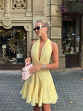 MQTIME  -   Yellow Lace Women Short Dress Sexy V Neck Halter Sleeveless Backless Party Gown Summer Chic Beach Holiday Lady Vestidos