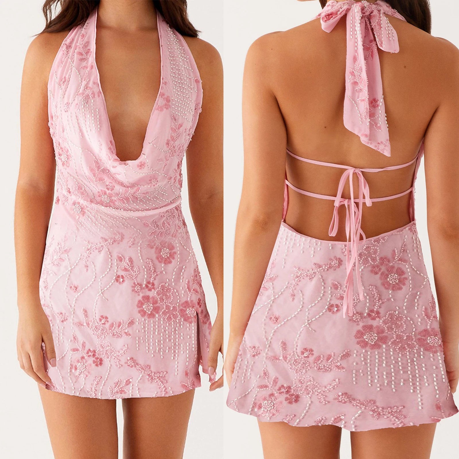 MQTIME  -  Women Sleeveless Beaded Floral Embroidery Straps Lace-up Halter Cowl V-Neck High Slit Tied Backless Mini A-line Dress