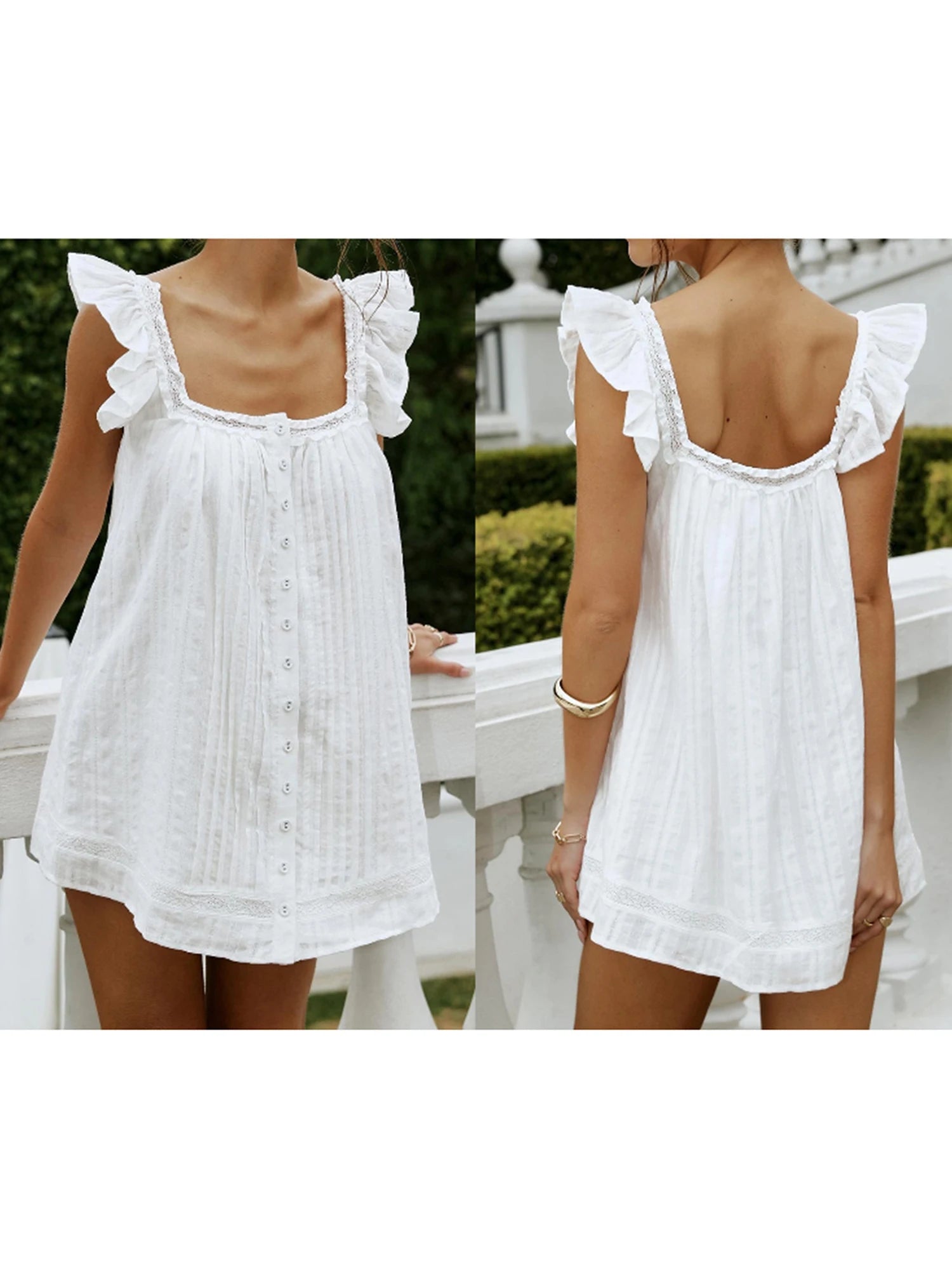 MQTIME  -  Elegant Floral Print Sleeveless V-Neck Mini Dress with Ruffle Detail and Button Front - Summer Pleated A-Line Dress