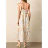 MQTIME  -  Women Summer Straps Tied Shoulder Sleeveless V-Neck Smocked Ruffle Trim Floral Print Swing A-line Tank Long Dress