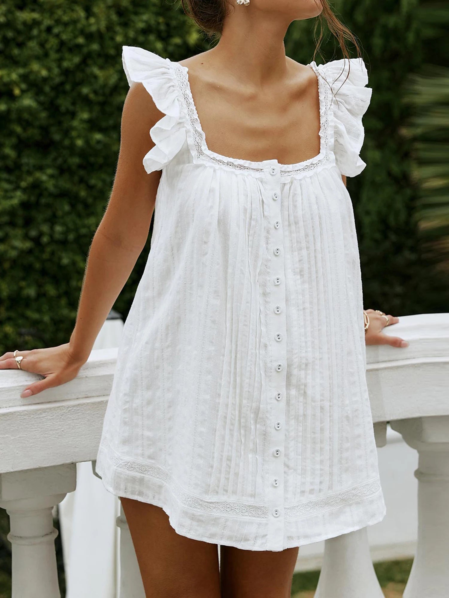 MQTIME  -  Elegant Floral Print Sleeveless V-Neck Mini Dress with Ruffle Detail and Button Front - Summer Pleated A-Line Dress