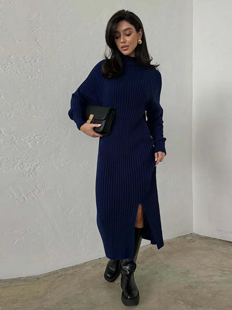 MQTIME  -  Ribbed Knitted Midi Dress Women Fashion High Neck Full Sleeve Side Slit Dresses 2025 Autumn Winter Female Daily Casual New Robe