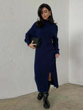 MQTIME  -  Ribbed Knitted Midi Dress Women Fashion High Neck Full Sleeve Side Slit Dresses 2025 Autumn Winter Female Daily Casual New Robe