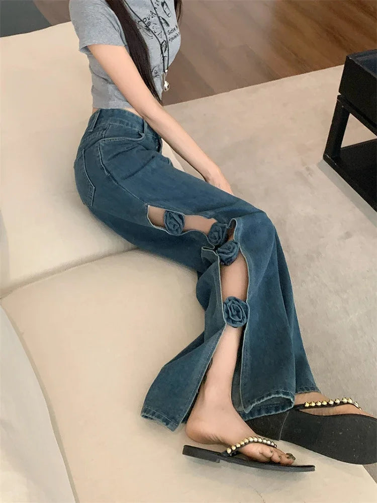 MQTIME  -  3D Floral Hollow Out Women Jeans Split Hotsweet Summer Casual Fashion Full Length Denim Pants Blue Streetwear Loose Trousers