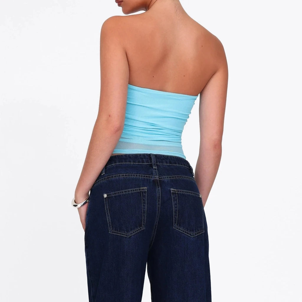 MQTIME  -  Women's Summer Strapless Bandeau Tops Stylish Solid Color Sheer See-Through Slim Fit Ruched Backless Crop Tube Vest