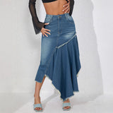 MQTIME  -  Irregular Splicing Women's Dress, Asymmetrical Hem, European and American Large Skirt, Denim A-line Skirt