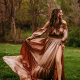 MQTIME  -  Maternity Photography Gown Soft Satin Off Shoulder Pregnant Woman Two piece set Dresses Bohemian Photo Shooting Pregnancy Dress