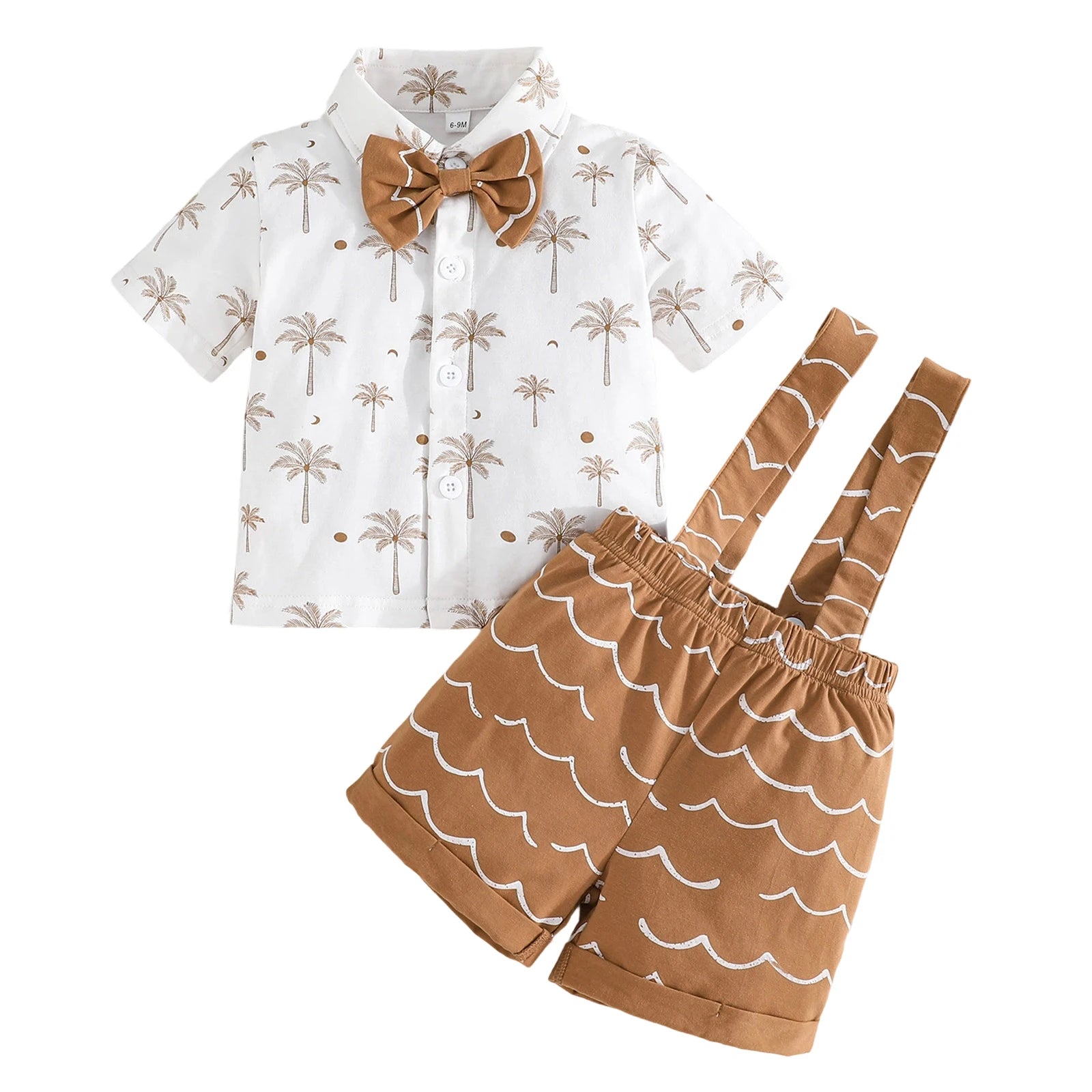 MQTIME  -  Adorable Baby Boy Summer Ensemble with Palm Tree Patterned Shirt Bowtie Elastic Waist Shorts and Suspenders - 2 Piece Set