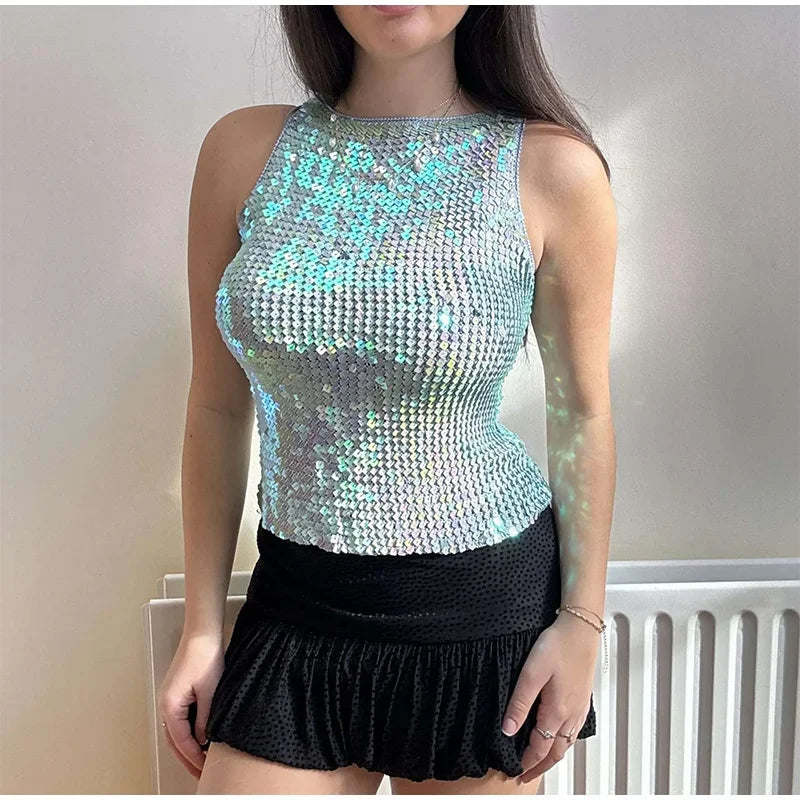MQTIME  -   Fashion Sequined O-neck Vest Women Sexy Knitted Sleeveless Solid Slim Shinny Tops Female 2025 Casual Summer Party Top Lady