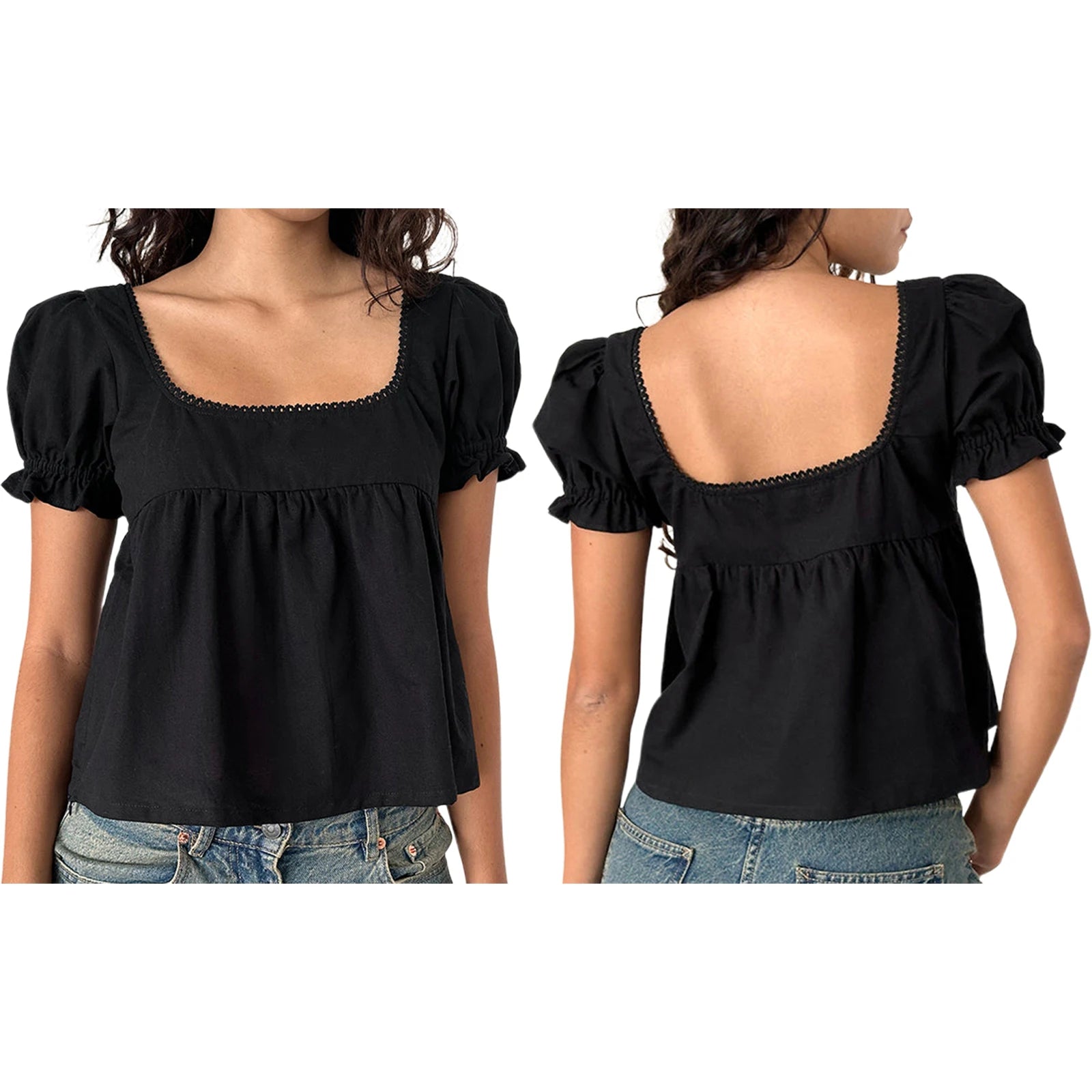 MQTIME  -  Women's Y2K Cute Ruffled Puff Short Sleeve Solid Color Cropped T-Shirts Square Neck Summer Babydoll Tops Streetwear