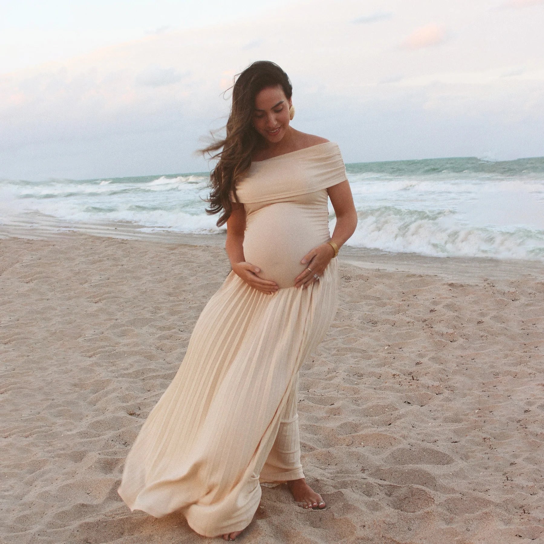 MQTIME  -   Maternity Photoshoot Dress  Baby Shower , Pregnancy Photography Outfit Elegant Off Shoulder Sexy pleated French long skirt
