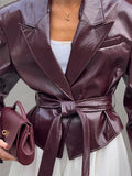 MQTIME  -  Vintage Women's Leather Jacket With Belt Slim Lace Up Lapel Long Sleeve Short Coat 2025 Autumn Lady High Street Y2k Outerwear