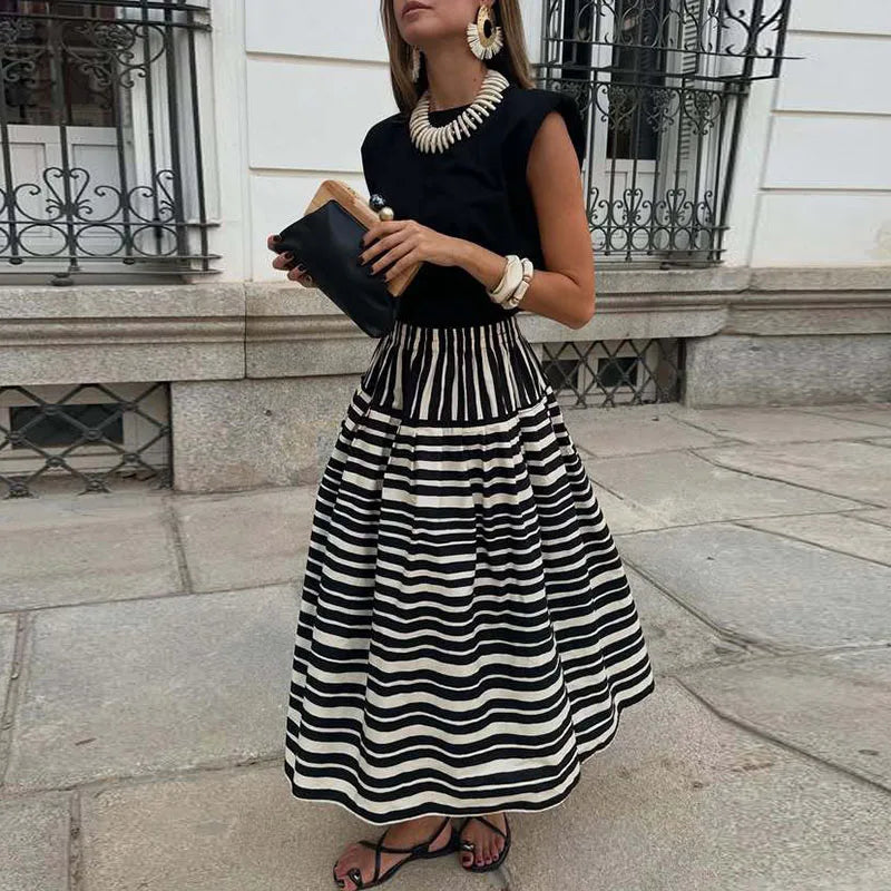 MQTIME  -  Spring Fall Casual Big Swing Party Skirt Fashion Striped Printed Half Skirt For Women Elegant Hight Waist Draped Bohe Long Skirt