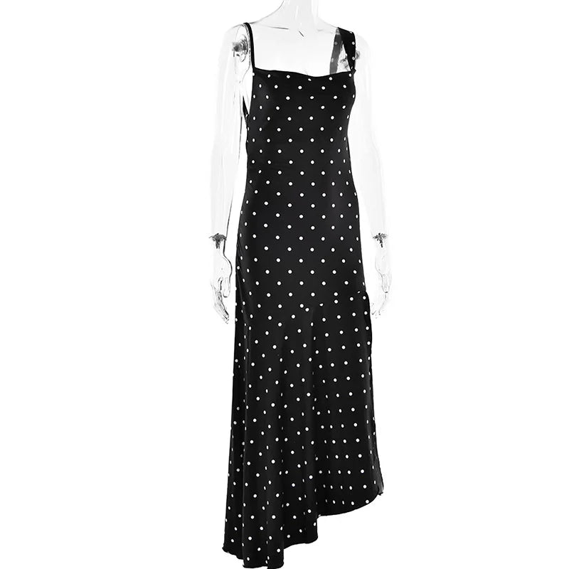 MQTIME  -  Elegant Halter Swing Neck Vacation Dress Women Sexy Split Sleeveless Slim Beach Party Dress Fashion Polka Dot Sling Long Dresses