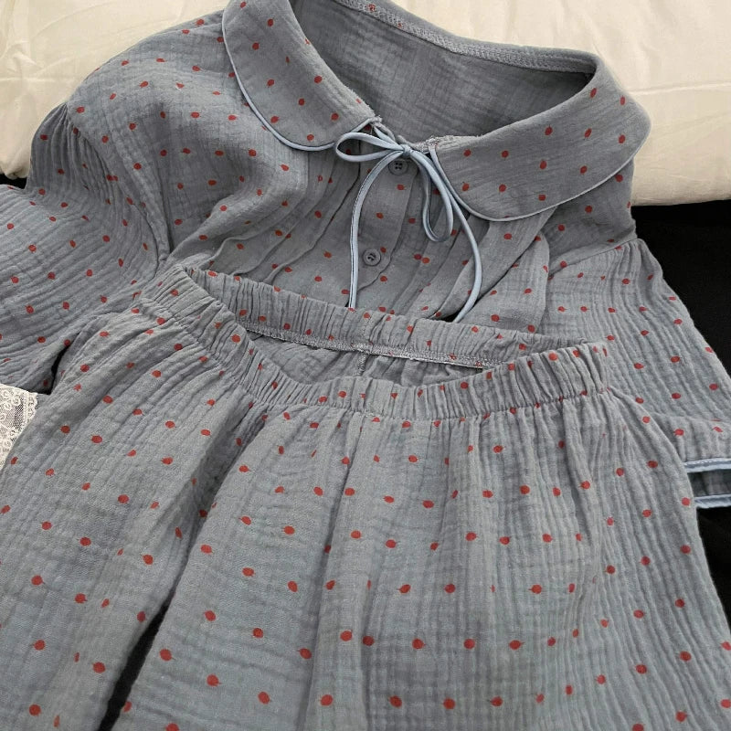 MQTIME  -  Korean Polka Dot Double-layer Cotton Yarn Short-sleeved Pajamas for Women's Summer New Soft and Skin-friendly Home Clothing