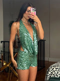 MQTIME  -   Sexy Sequined Halter Vest Shorts Sets Women Crop Hang Neck Backless Tops Hip Package Short Pants 2025 Summer Lady Beach Outfits