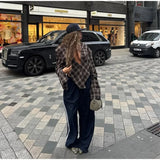 MQTIME  -  Plaid Contrast Collar Irregular Hem Jacket Women Split Single Breasted Shoulder Pads Long Sleeve Street Shirts 2025 Autumn Party
