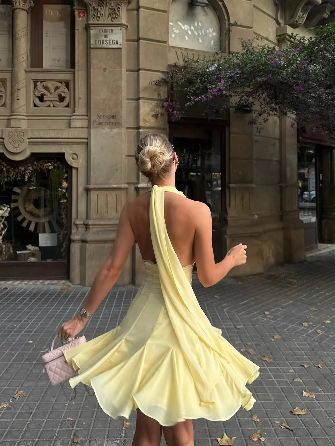 MQTIME  -   Yellow Lace Women Short Dress Sexy V Neck Halter Sleeveless Backless Party Gown Summer Chic Beach Holiday Lady Vestidos