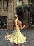 MQTIME  -   Yellow Lace Women Short Dress Sexy V Neck Halter Sleeveless Backless Party Gown Summer Chic Beach Holiday Lady Vestidos