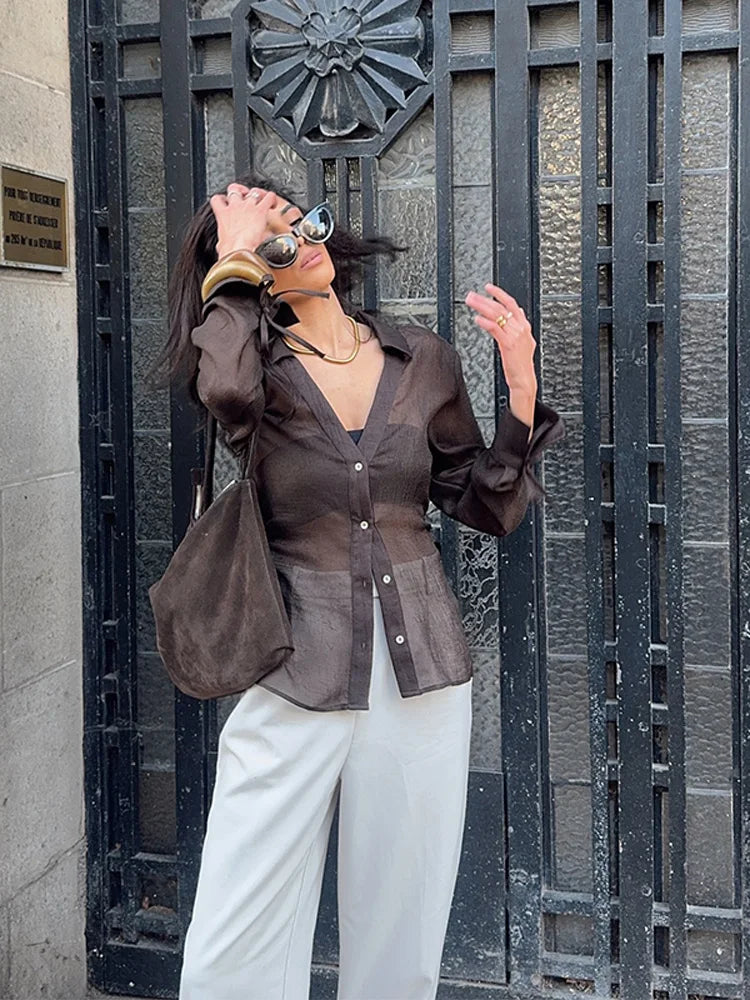 MQTIME  -  Sexy Women See-Through Shirt V-neck Long Sleeve Single Breasted Blouse 2025 Summer Autumn Fashion Street Office Lady Shirts