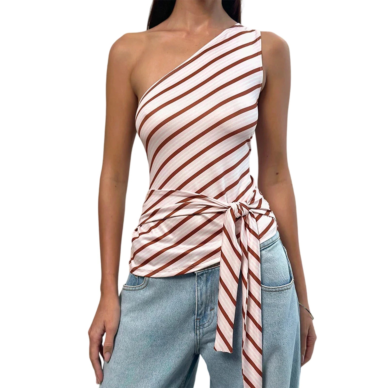 MQTIME  -  Women s Striped One Shoulder Tank Top with Tie-Up Waist and Sleeveless Design - Chic Streetwear Aesthetic Vest for Casual Wear