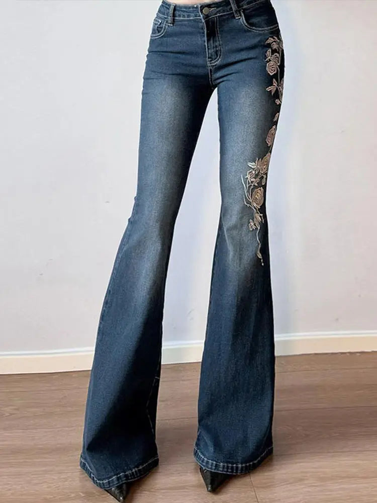 MQTIME  -  Chic Rose Embroidered Gradient Slightly Flared jeans for Women Slim Low Rise Dragging Denim Pants Casual Elegant Fashion Trouser