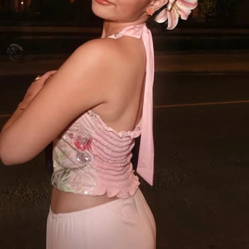 MQTIME  -  Women Summer Luxury Mesh Glitter Sequins Flower Embroidery Vest Lace-up Halte V-Neck Ruffle Smocked Backless Tank Top