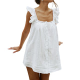 MQTIME  -  Elegant Floral Print Sleeveless V-Neck Mini Dress with Ruffle Detail and Button Front - Summer Pleated A-Line Dress