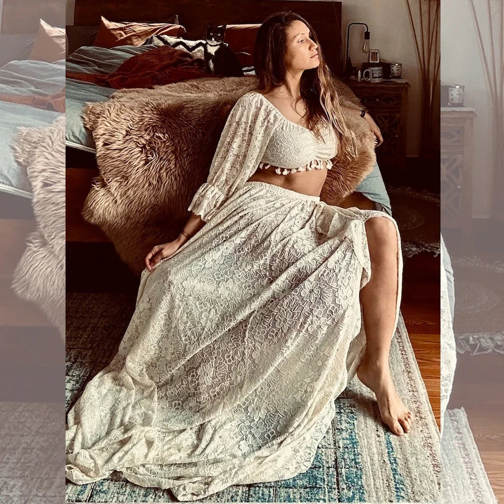 MQTIME  -  Sexy Boho Maternity Photography Props Dress Hollow Lace Two Piece Set Split Dress  Pregnant Dress Baby Shower Dress