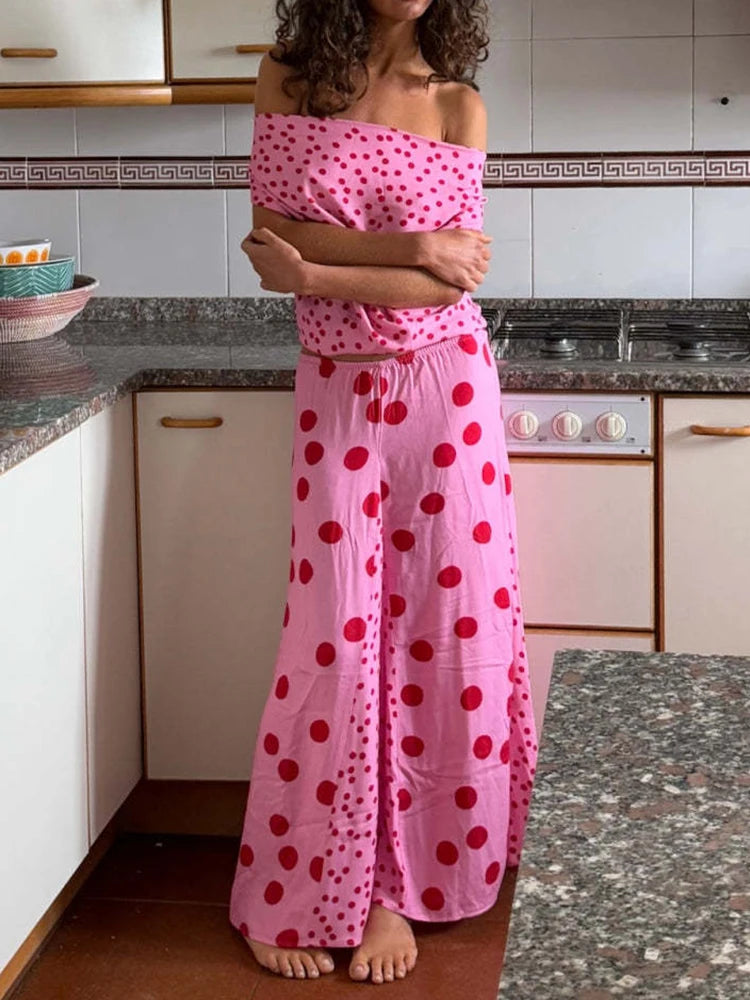 MQTIME  -  Sexy Swing Collar Tops & Long Skirt Suit Women Elegant Simple Polka Dot Print Party Skirt Outfits Casual Sleevless Slim 2Pc Sets