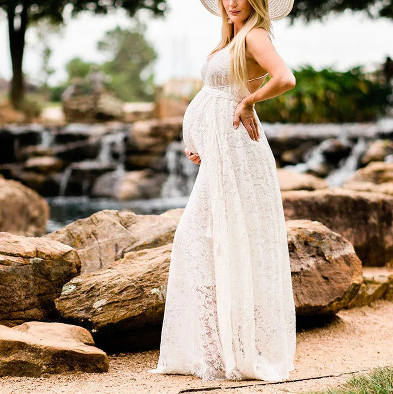 MQTIME  -  Maternity White Lace Maxi Gowns Dresses for Photo Shoot Sexy V Neck Backless Pregnancy Photography Dress Pregnant Baby Shower