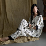 MQTIME  -  Women Spring Autumn and Winter Pure Cotton Long-sleeved Striped Lace Lapel High-end Light Luxury Loungewear Set Comfort